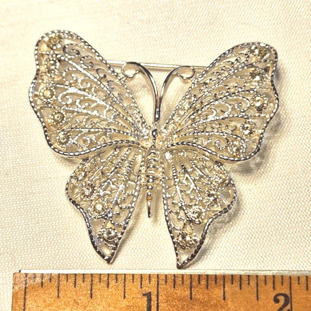 Vintage Silver Tone Rhinestone Filigree Butterfly Brooch